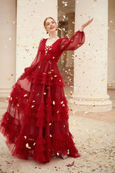 Naomi Plunge Neck Long Sleeves Ruffled Princess Dress